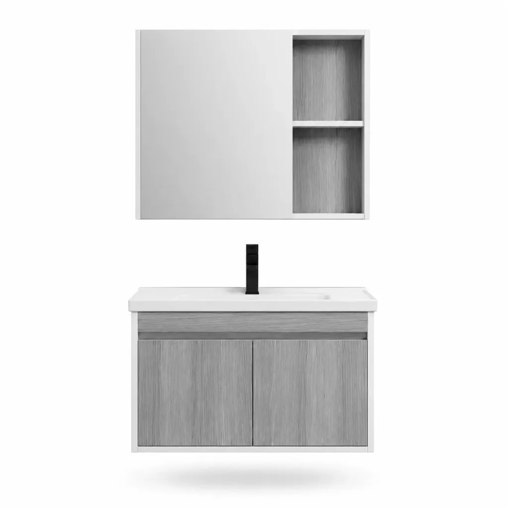 [BVC-OL02-60] OL-02 Grey Wood-Grain Bathroom Vanity Set with Open-Shelf Mirror Cabinet (60cm)