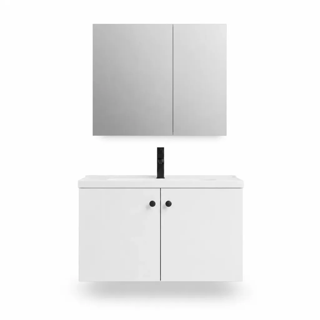 [BVC-OL05-60] OL-05 White Minimalist Wall-Mounted Bathroom Vanity Set with Double-Door Mirror Cabinet (60cm)